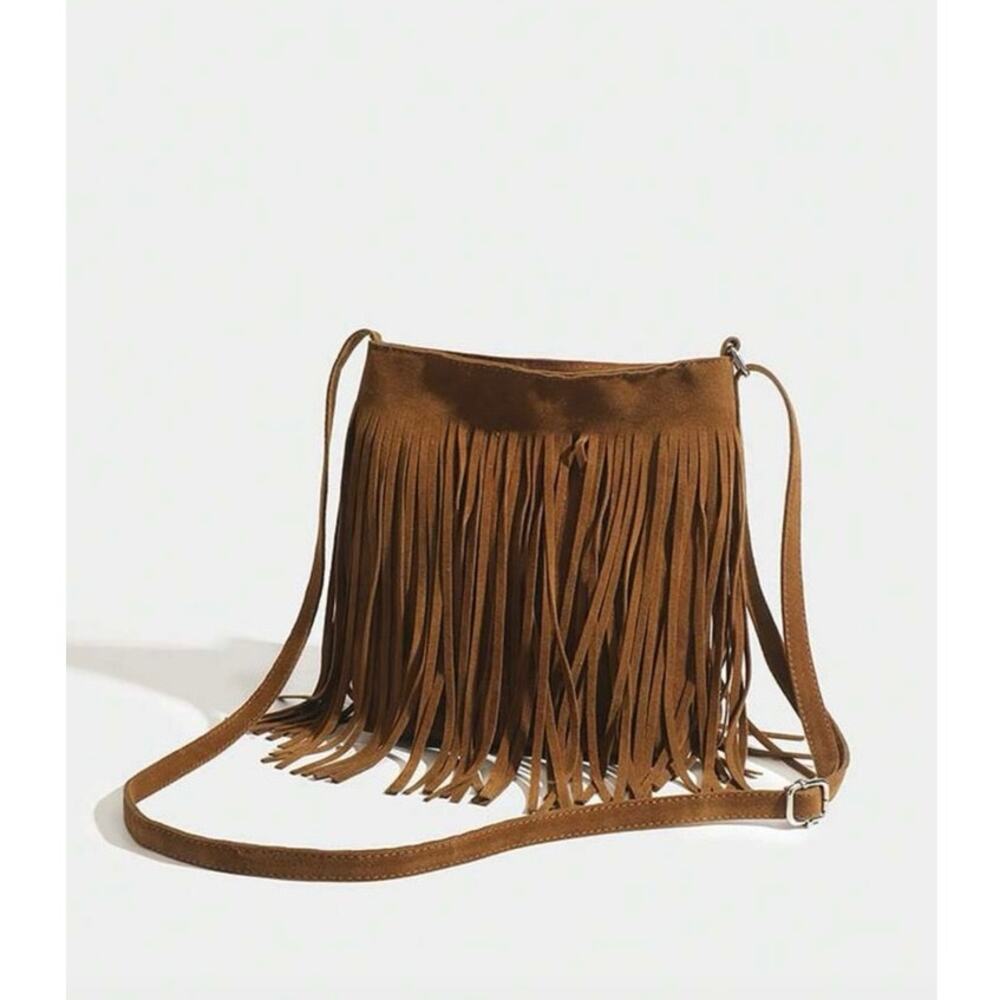 Boho Fringe Small Crossbody Bag Cognac Brown Concert Festival Western Purse NWT - Picture 7 of 10